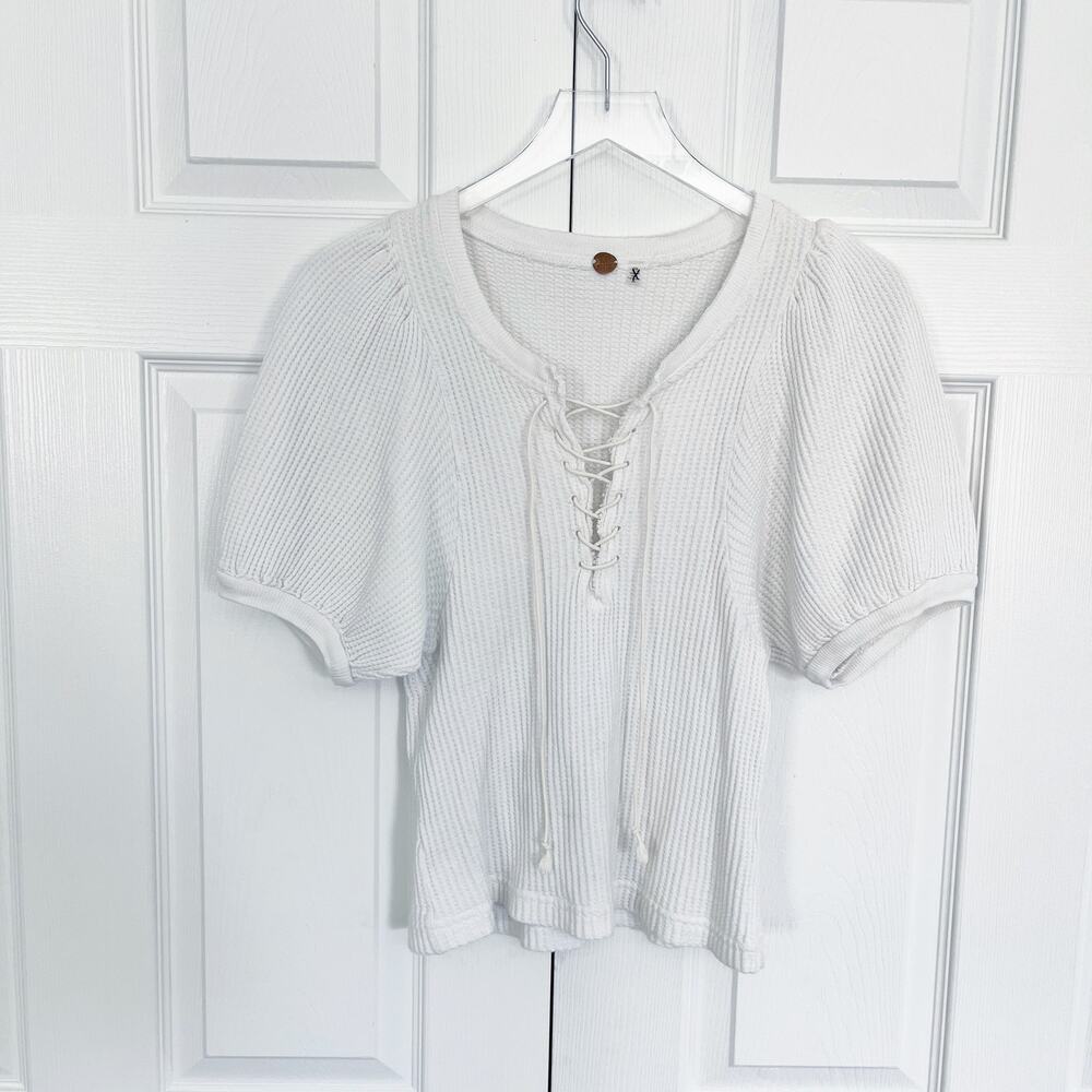 Free People One Hayden Thermal Waffle Knit Puff Sleeve Top White